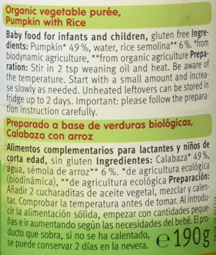 Holle Potito de Calabaza con Arroz (+4 meses) - Paquete de 6 x 190 gr - Total: 1140 gr