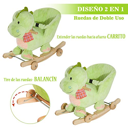 HOMCOM 2 en 1 Caballito Balancín Bebé +18 Meses Balancín Peluche Madera con Ruedas para Rodar Sonido Cinturón de Seguridad Mecedora Balancín 60x32x52cm