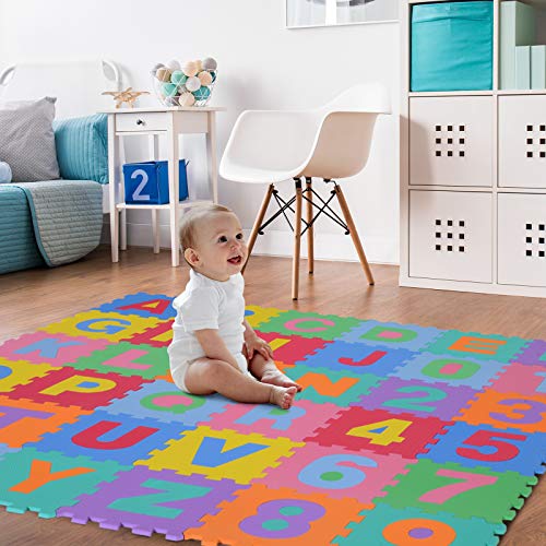 HOMCOM Alfombra puzle para Niños 192x192 cm 36 Piezas Numeros 0 al 9 y 26 Letras Alfabeto Goma Espuma