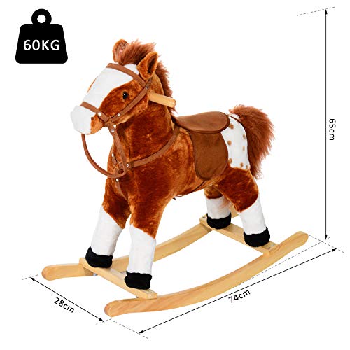 HOMCOM Caballito Balancín Bebé Balancín Peluche Caballo Madera para Niños +3 Años con Sonidos 74x28x65cm