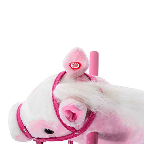 HOMCOM Caballito Balancín Bebé Balancín Peluche Caballo Madera para Niños +3 Años con Sonidos 74x28x65cm Caballito Balancin de Peluche Niños 3 años Juguete Caballo Mecedora Madera Rosa