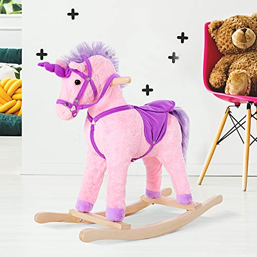 HOMCOM Caballito Balancín Bebé Balancín Peluche Infantil 36+ Meses Juguete de Mecedora para Niño con Sonido de Relincho 68x28x60cm