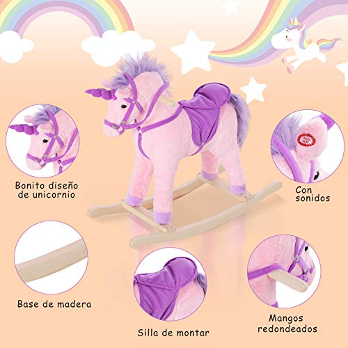 HOMCOM Caballito Balancín Bebé Balancín Peluche Infantil 36+ Meses Juguete de Mecedora para Niño con Sonido de Relincho 68x28x60cm