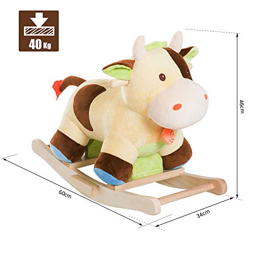 HOMCOM Caballito Balancín de Peluche Balancín Caballo Caballito Madera Juguete de Mecedora para Niños +3 Años 60x34x46cm Forma Vaca