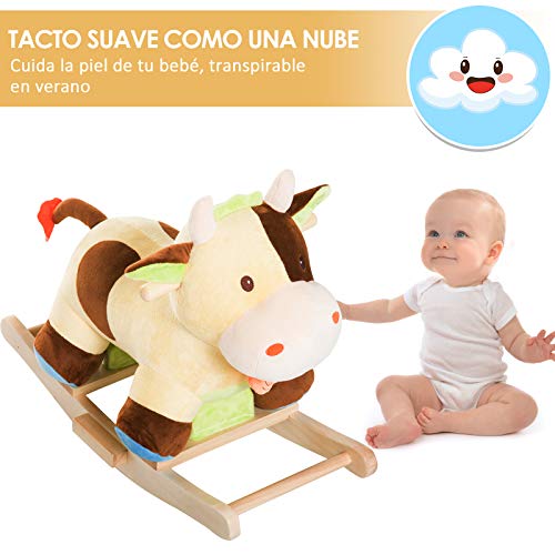 HOMCOM Caballito Balancín de Peluche Balancín Caballo Caballito Madera Juguete de Mecedora para Niños +3 Años 60x34x46cm Forma Vaca