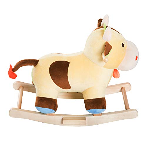 HOMCOM Caballito Balancín de Peluche Balancín Caballo Caballito Madera Juguete de Mecedora para Niños +3 Años 60x34x46cm Forma Vaca