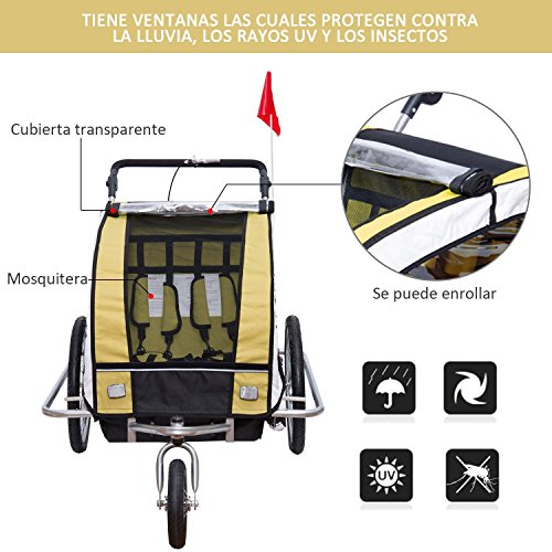 HOMCOM Remolque para Bicicleta tipo Carro con Barra de Paseo para Niños de 2 Plazas con Rueda Delantera Giratoria 360° y Asiento Acolchado Carga Máx. 40kg (Amarillo)