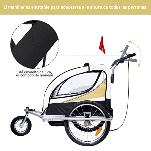 HOMCOM Remolque para Bicicleta tipo Carro con Barra de Paseo para Niños de 2 Plazas con Rueda Delantera Giratoria 360° y Asiento Acolchado Carga Máx. 40kg (Amarillo)