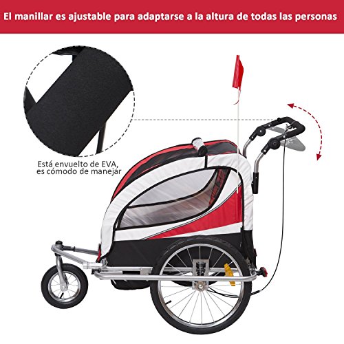 HOMCOM Remolque para Bicicleta tipo Carro con Barra de Paseo para Niños de 2 Plazas con Rueda Delantera Giratoria 360° y Asiento Acolchado Carga Máx. 40kg (Amarillo)