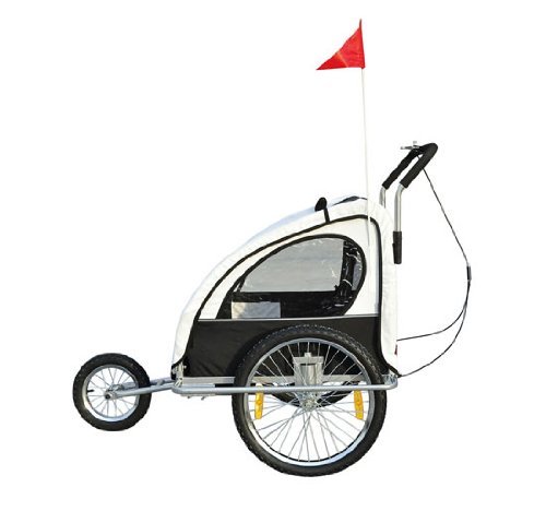 HOMCOM Remolque para Niños DOS PLAZAS con Amortiguadores Carro para Bicicleta CON BARRA INCLUIDA y Kit de Footing COLOR BLANCO y NEGRO