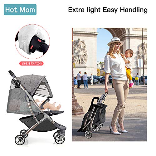 Hot Mom silla de paseo ligera silla de paseo ligera silla de paseo adecuada para viajar, 2020 Nueva versión mejorada con toldo extra grande anti-UV y protección para los pies - Gris