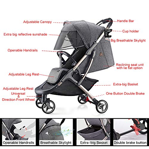 Hot Mom silla de paseo ligera silla de paseo ligera silla de paseo adecuada para viajar, 2020 Nueva versión mejorada con toldo extra grande anti-UV y protección para los pies - Gris