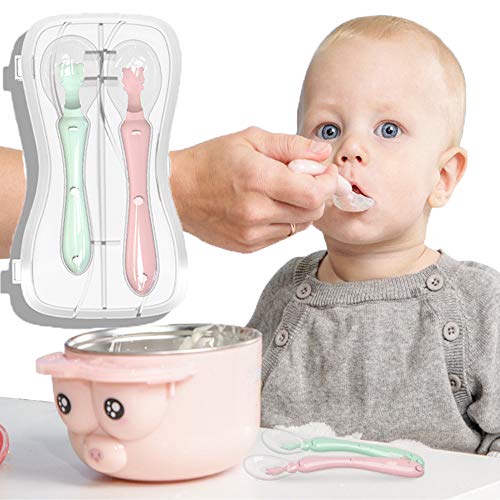 HyAdierTech Cucharas Siliconas Bebé, 2 Piezas Cucharillas de Silicona Suaves de Bebe, Utensilios de la Serie de Entrenamiento Cuchara para Bebés Antideslizante Facilidad Manija