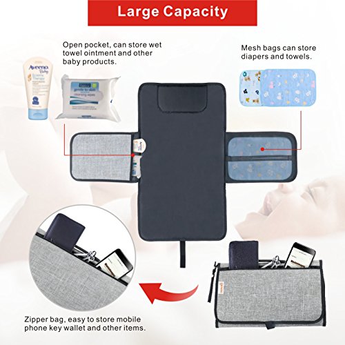 Idefair Portátil Bebé Cambiador, Impermeable Cambio de Pañales Pad Cojín Para Cabeza Con Bolsillos, Plegable Orinal Infantil Pad Kit de Cambiador Para el Hogar Viaje Fuera Gris