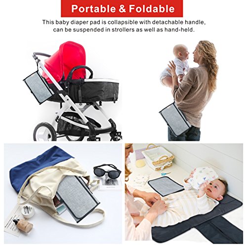 Idefair Portátil Bebé Cambiador, Impermeable Cambio de Pañales Pad Cojín Para Cabeza Con Bolsillos, Plegable Orinal Infantil Pad Kit de Cambiador Para el Hogar Viaje Fuera Gris