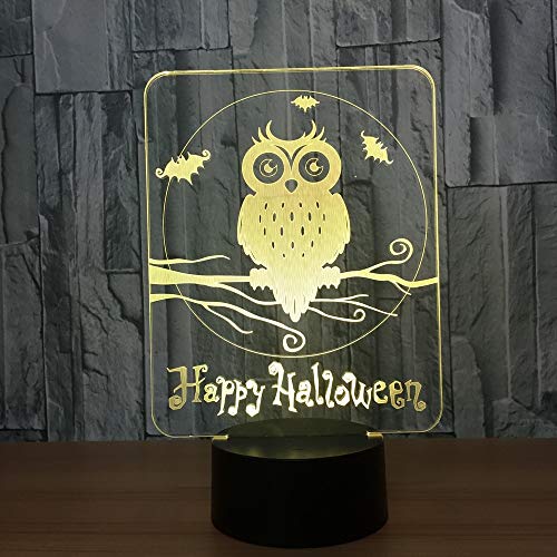 Ilusión visual LED con USB, Happy Halloween Owl Lámpara 3D 7 colores Luces nocturnas visuales Mesa táctil para niños Luz para dormir para bebés LED Luz nocturna 3D Botón de la sala Tienda de acrílico