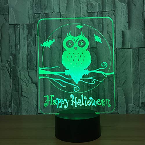 Ilusión visual LED con USB, Happy Halloween Owl Lámpara 3D 7 colores Luces nocturnas visuales Mesa táctil para niños Luz para dormir para bebés LED Luz nocturna 3D Botón de la sala Tienda de acrílico