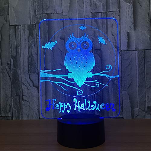 Ilusión visual LED con USB, Happy Halloween Owl Lámpara 3D 7 colores Luces nocturnas visuales Mesa táctil para niños Luz para dormir para bebés LED Luz nocturna 3D Botón de la sala Tienda de acrílico