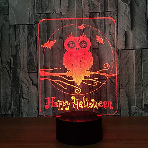 Ilusión visual LED con USB, Happy Halloween Owl Lámpara 3D 7 colores Luces nocturnas visuales Mesa táctil para niños Luz para dormir para bebés LED Luz nocturna 3D Botón de la sala Tienda de acrílico