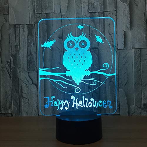 Ilusión visual LED con USB, Happy Halloween Owl Lámpara 3D 7 colores Luces nocturnas visuales Mesa táctil para niños Luz para dormir para bebés LED Luz nocturna 3D Botón de la sala Tienda de acrílico