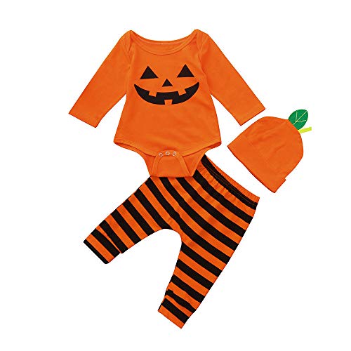 Infantil Disfraz Halloween Fossen Recien Nacido Niña Niño Bebe Monos de Calabaza Tops con Sombrero de Raya + Sombrero (0-6 Meses, Naranja)