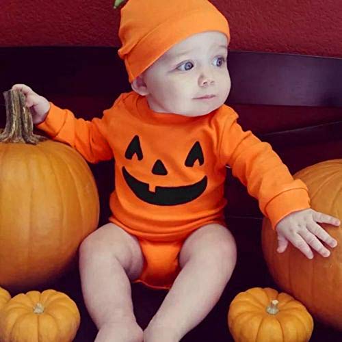 Infantil Disfraz Halloween Fossen Recien Nacido Niña Niño Bebe Monos de Calabaza Tops con Sombrero de Raya + Sombrero (0-6 Meses, Naranja)