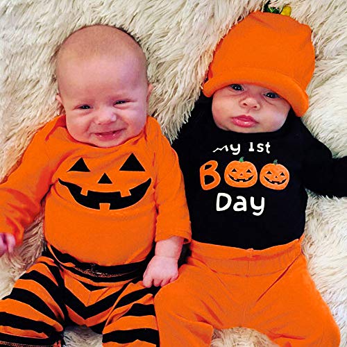 Infantil Disfraz Halloween Fossen Recien Nacido Niña Niño Bebe Monos de Calabaza Tops con Sombrero de Raya + Sombrero (6-12 Meses, Naranja)