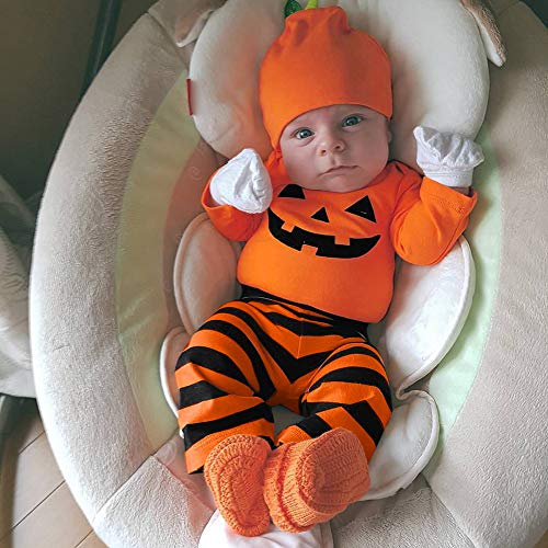 Infantil Disfraz Halloween Fossen Recien Nacido Niña Niño Bebe Monos de Calabaza Tops con Sombrero de Raya + Sombrero (6-12 Meses, Naranja)