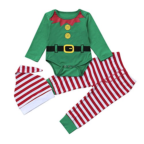 Infantil Disfraz Navidad Fossen Recien Nacido Niña Niño Bebe Monos Tops y Pantalones de Raya + Sombrero (6-12 Meses, Verde)