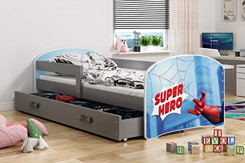 Interbeds Cama Individual LUKI - Gris,160X80, con cajón, somier y colchón de Espuma Gratis! (Spiderman)