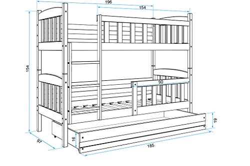 Interbeds Litera para 2 niños, Jacob, 190 * 90, con colchones, somieres y cajón Gratis, Color Blanco