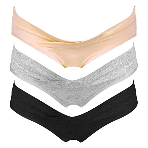 Intimate Portal Mujer Algodón Bajo el Vientre de Braguitas de Bikini Premamá Negro Gris Beige (PK de 3) M