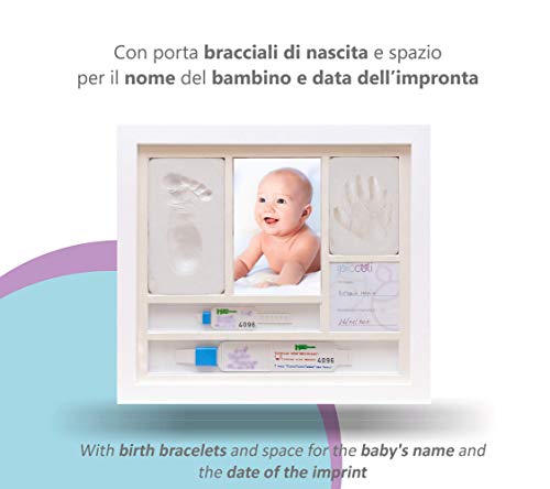 iPiccoli - Marco para huellas infantiles y recién nacidos, regalo de bautizo y nacimiento de bebé, kit completo con arcilla, portapulseras de nacimiento