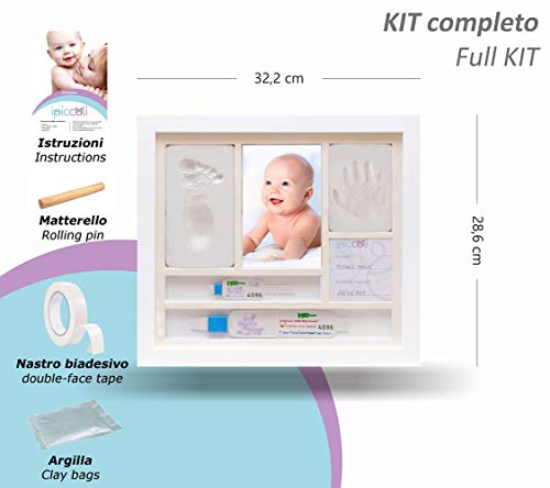 iPiccoli - Marco para huellas infantiles y recién nacidos, regalo de bautizo y nacimiento de bebé, kit completo con arcilla, portapulseras de nacimiento