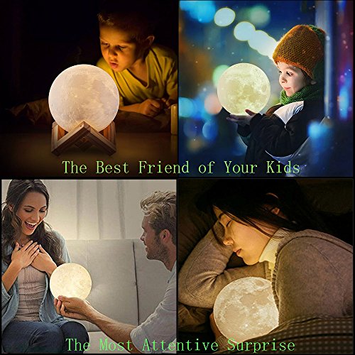 Jiusion 15cm Luna Lámpara Impresión 3D Luz de Noche con Base, USB interior recargable LED Night Light Bulb Touch Switch Dormitorio Estantería Cama Regalo para bebés niños Niños Mujeres Adultos