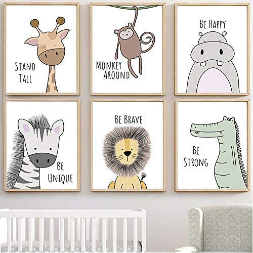 Juego de 6 imágenes para habitación de bebé, tamaño DIN A4, sin marco, para habitación de los niños, decoración infantil, diseño de animales del bosque