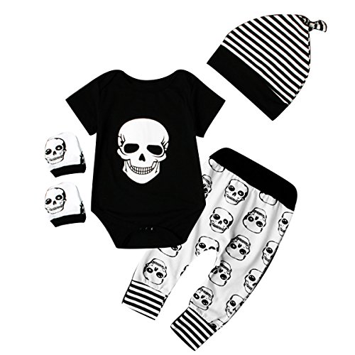 Juego de ropa de bebé para recién nacido (body, pantalones, gorro, manoplas) con diseño de calavera de Halloween Black+White Talla:0-6 meses