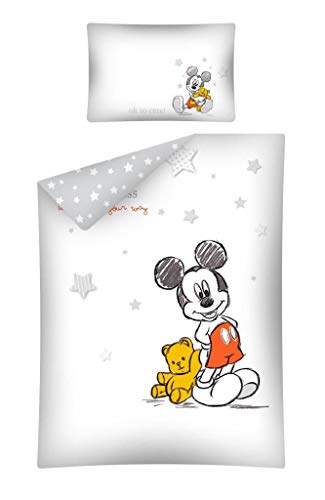 Juego de ropa de cama para bebé, 2 piezas 100% algodón. Tamaño: 100 x 135 cm, 40 x 60 cm, certificado ÖkoTex Standard 100. Mickey Mouse gris. Talla:100x135 cm, 40x60 cm