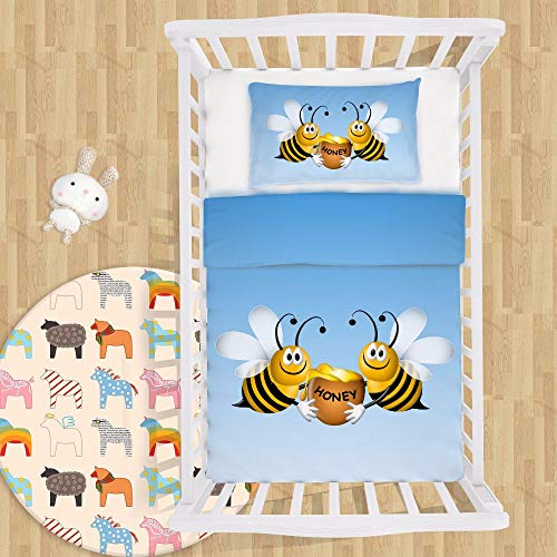 Juego Funda Nórdica Cuna y Maxicuna 3 Dimensiones Diseños muy Divertidos para Niñas y Niños 100% algodón, funda nórdica de 125x110cm y funda de almohada de 60x40cm (Abejas con miel)