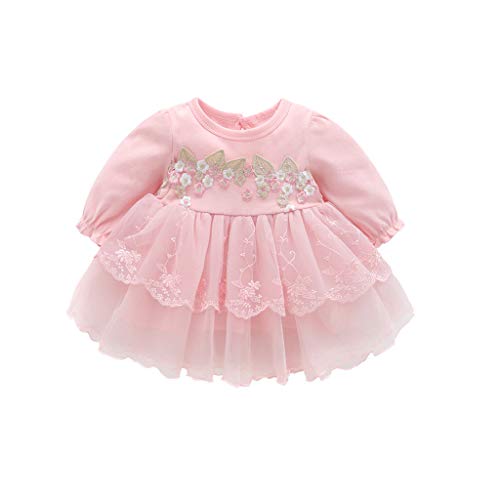 K-youth Vestido de Tul con Bordado para Niñas Primavera Niños para 0-18 Meses Tutu Vestidos de Princesa Manga Larga Infantil Mono Corto Plisado Niñas Vestido de Fiesta y Sombrero (Rosa, 0-3 Meses)