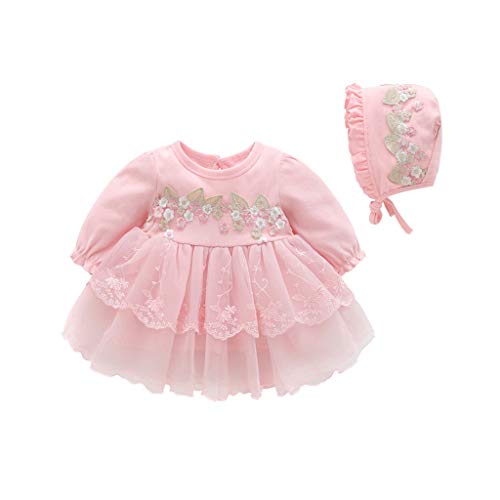 K-youth Vestido de Tul con Bordado para Niñas Primavera Niños para 0-18 Meses Tutu Vestidos de Princesa Manga Larga Infantil Mono Corto Plisado Niñas Vestido de Fiesta y Sombrero (Rosa, 0-3 Meses)