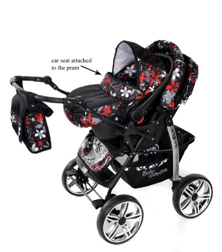 Kamil - Sistema de viaje 3 en 1, silla de paseo, carrito con capazo y silla de coche, RUEDAS ESTÁTICAS y accesorios (Sistema de viaje 3 en 1, negro, flores coloridas)