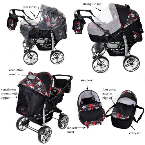 Kamil - Sistema de viaje 3 en 1, silla de paseo, carrito con capazo y silla de coche, RUEDAS ESTÁTICAS y accesorios (Sistema de viaje 3 en 1, negro, flores coloridas)