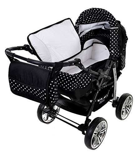 Kamil - Sistema de viaje 3 en 1, silla de paseo, carrito con capazo y silla de coche, RUEDAS ESTÁTICAS y accesorios (Sistema de viaje 3 en 1, negro, lunares)