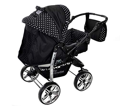 Kamil - Sistema de viaje 3 en 1, silla de paseo, carrito con capazo y silla de coche, RUEDAS ESTÁTICAS y accesorios (Sistema de viaje 3 en 1, negro, lunares)