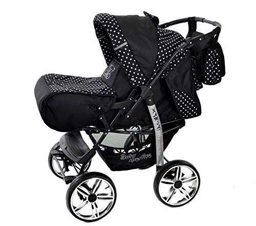 Kamil - Sistema de viaje 3 en 1, silla de paseo, carrito con capazo y silla de coche, RUEDAS ESTÁTICAS y accesorios (Sistema de viaje 3 en 1, negro, lunares)