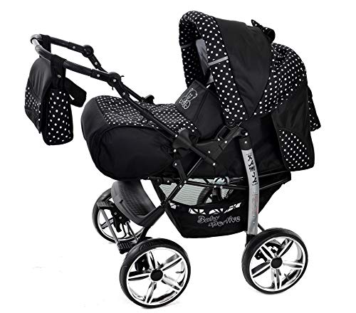 Kamil - Sistema de viaje 3 en 1, silla de paseo, carrito con capazo y silla de coche, RUEDAS ESTÁTICAS y accesorios (Sistema de viaje 3 en 1, negro, lunares)