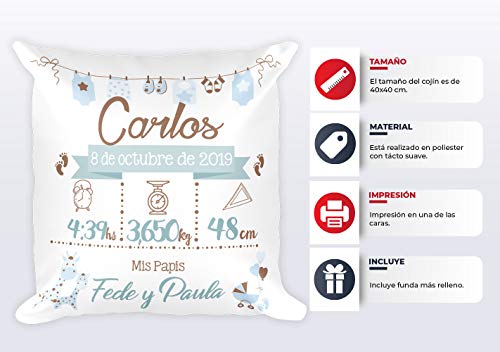 Kembilove Cojín Natalicio Infantil Personalizado para Bebes – Cojín Natalicio con Nombre y Datos del Bebe – Cojín Natalicio para recién Nacidos – Cojines para Bebes – Regalo Original