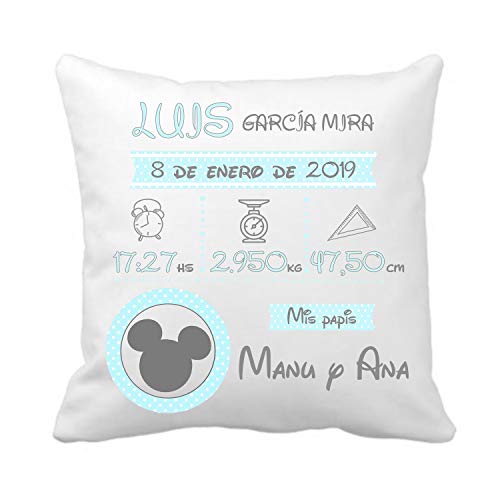 Kembilove Cojín Personalizado Natalicio para Bebes Minnie – Cojín Natalicio con Nombre y Datos del Bebe – Cojín Natalicio para recién Nacidos – Cojines para Bebes – Regalo Original