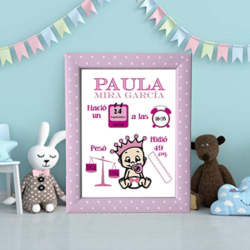 Kembilove Lámina Natalicia Personalizada – Lienzos Decorativos Personalizados Nacimiento Bebe – Incluye Lámina y Marco – El Regalo Perfecto para un Recién Nacido, Niño o Niña bebé rosa